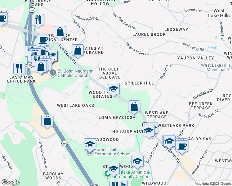 map of restaurants, bars, coffee shops, grocery stores, and more near 4701 Bee Cave Road in West Lake Hills