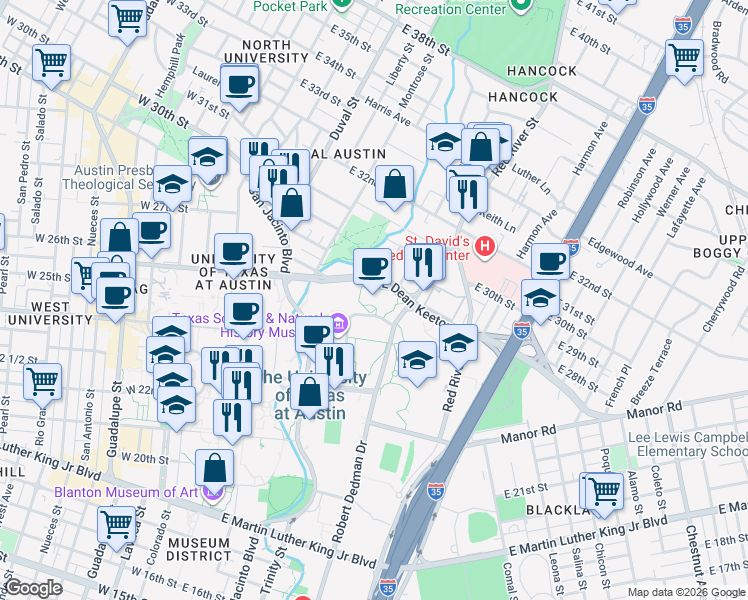 map of restaurants, bars, coffee shops, grocery stores, and more near 727 East Dean Keeton Street in Austin