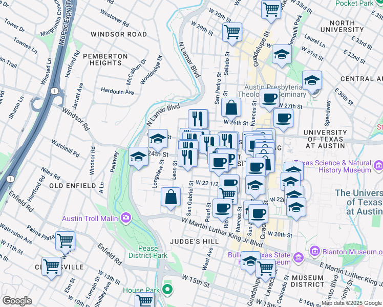 map of restaurants, bars, coffee shops, grocery stores, and more near 2402 San Gabriel Street in Austin
