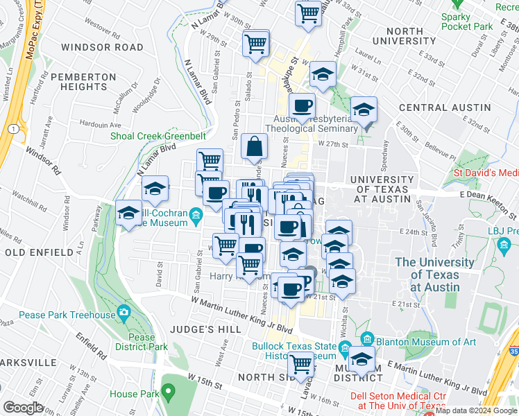 map of restaurants, bars, coffee shops, grocery stores, and more near 2405 Rio Grande Street in Austin