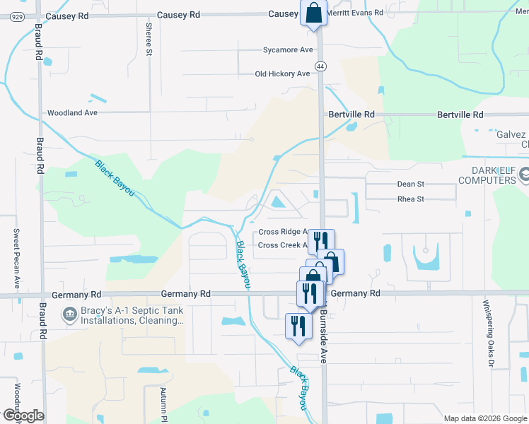 map of restaurants, bars, coffee shops, grocery stores, and more near 15155-45B Louisiana 44 in Gonzales