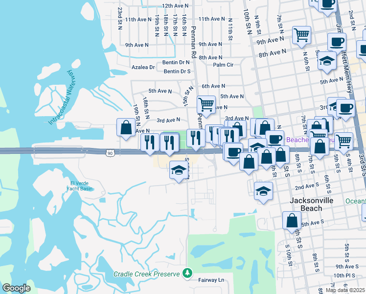 map of restaurants, bars, coffee shops, grocery stores, and more near 200 16th Street North in Jacksonville Beach