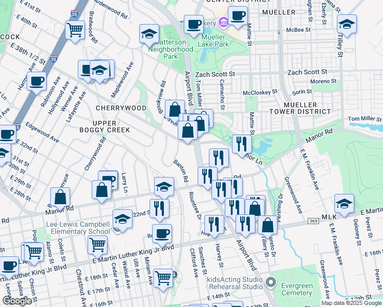 map of restaurants, bars, coffee shops, grocery stores, and more near 3822 Airport Boulevard in Austin