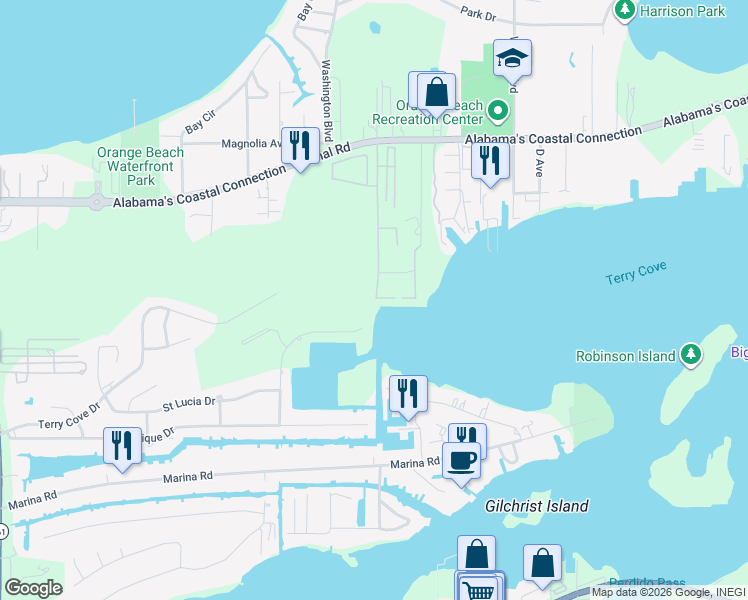 map of restaurants, bars, coffee shops, grocery stores, and more near 4145 Harbor Rd in Orange Beach