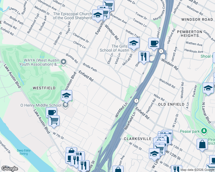 map of restaurants, bars, coffee shops, grocery stores, and more near 2210 Enfield Road in Austin