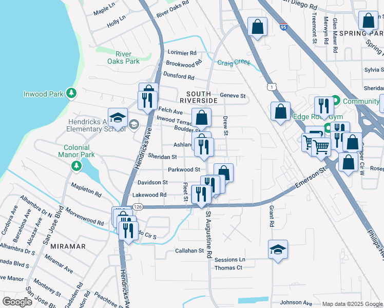map of restaurants, bars, coffee shops, grocery stores, and more near 1715 Sheridan Street in Jacksonville