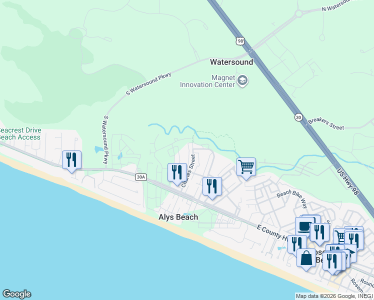 map of restaurants, bars, coffee shops, grocery stores, and more near 121 Charles Street in Rosemary Beach