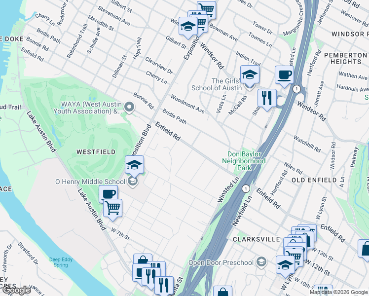 map of restaurants, bars, coffee shops, grocery stores, and more near 2407 Enfield Road in Austin