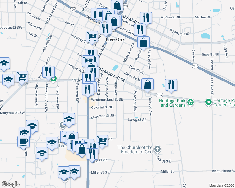 map of restaurants, bars, coffee shops, grocery stores, and more near 918 Pearl Avenue in Live Oak