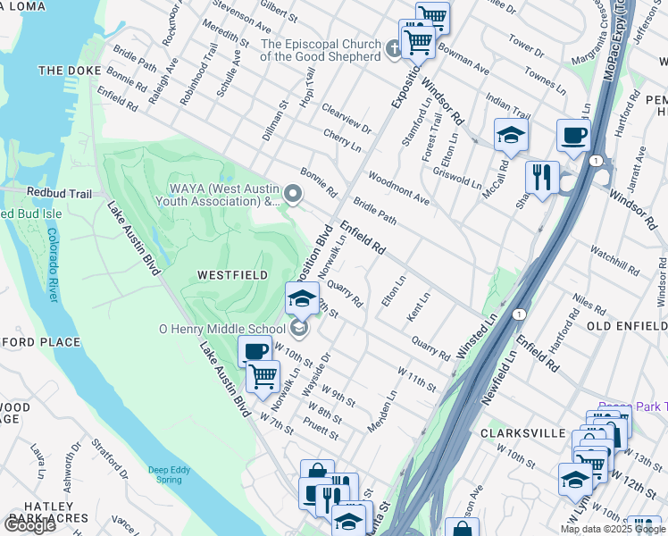 map of restaurants, bars, coffee shops, grocery stores, and more near 2508 Quarry Road in Austin