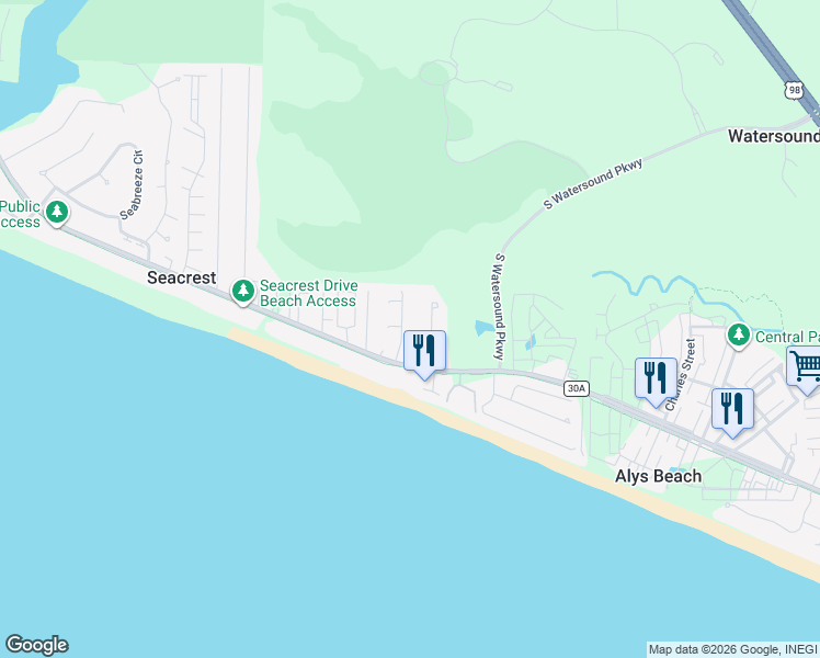 map of restaurants, bars, coffee shops, grocery stores, and more near 69 Brenda Lane in Rosemary Beach