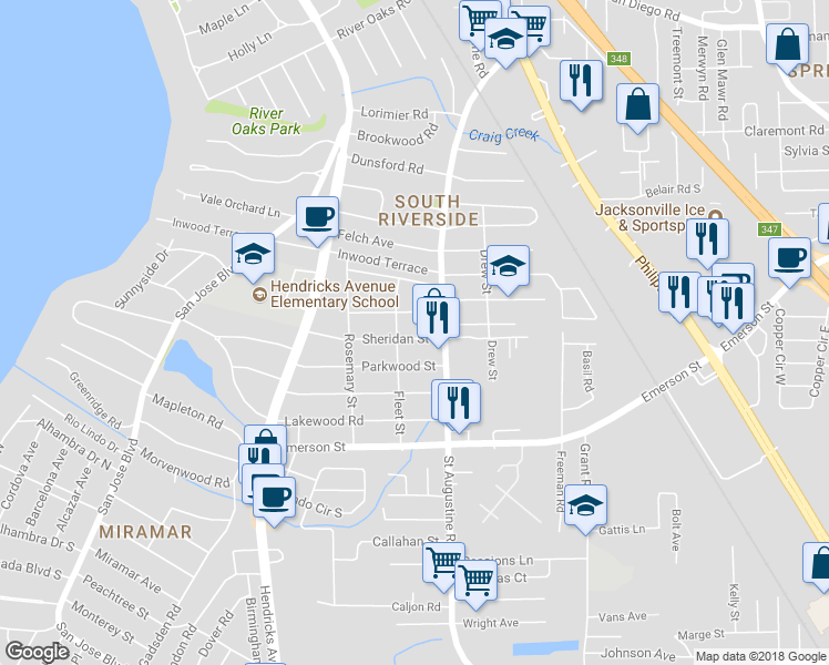 map of restaurants, bars, coffee shops, grocery stores, and more near 1730 Sheridan Street in Jacksonville