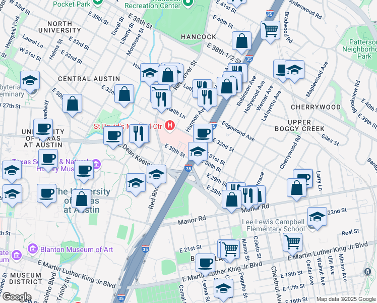 map of restaurants, bars, coffee shops, grocery stores, and more near 2908 Cole Street in Austin