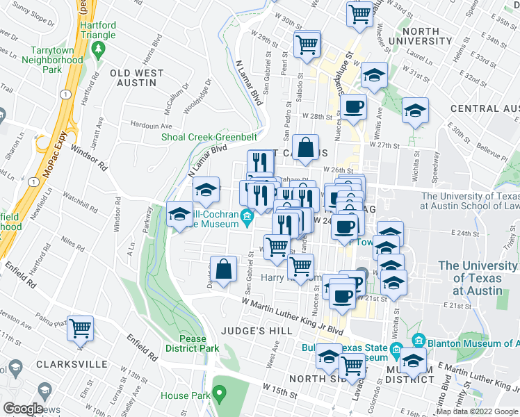 map of restaurants, bars, coffee shops, grocery stores, and more near 909 West 24th Street in Austin
