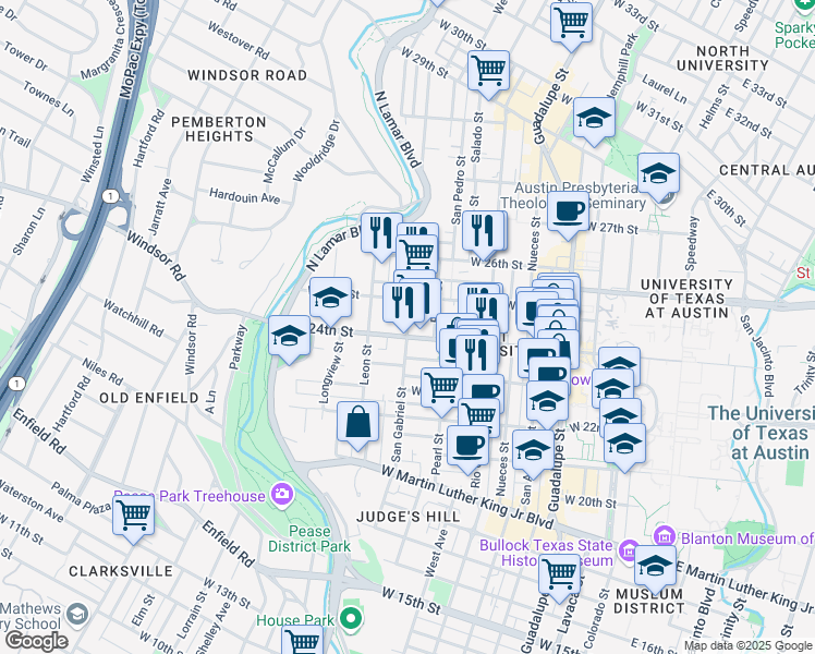 map of restaurants, bars, coffee shops, grocery stores, and more near 909 West 24th Street in Austin