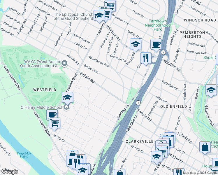 map of restaurants, bars, coffee shops, grocery stores, and more near 2210 Enfield Road in Austin