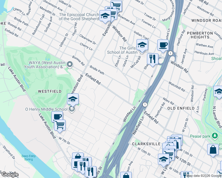 map of restaurants, bars, coffee shops, grocery stores, and more near 2315 Enfield Road in Austin