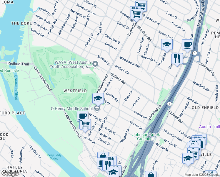map of restaurants, bars, coffee shops, grocery stores, and more near 2508 Quarry Road in Austin