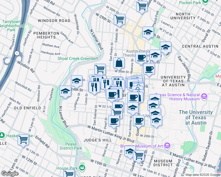 map of restaurants, bars, coffee shops, grocery stores, and more near 806 West 24th Street in Austin
