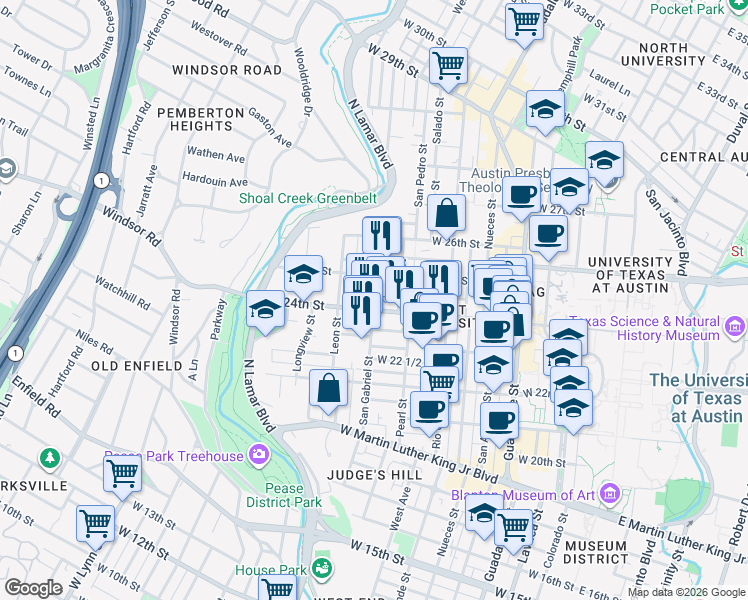 map of restaurants, bars, coffee shops, grocery stores, and more near 2404 San Gabriel St in Austin