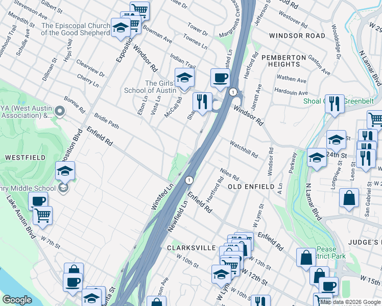 map of restaurants, bars, coffee shops, grocery stores, and more near 2003 Woodmont Avenue in Austin