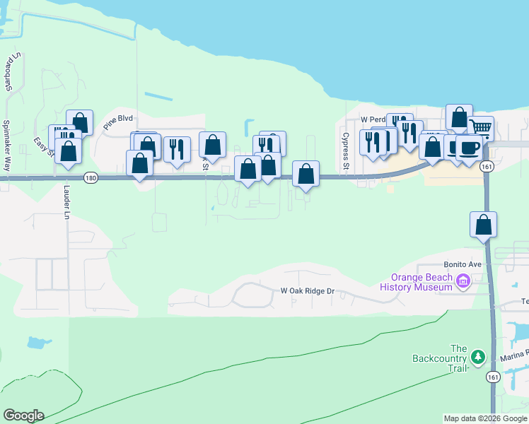 map of restaurants, bars, coffee shops, grocery stores, and more near 25038 Canal Road in Orange Beach