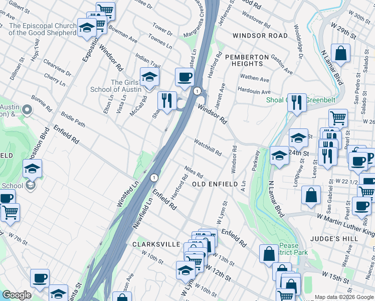 map of restaurants, bars, coffee shops, grocery stores, and more near 1804 Polo Road in Austin
