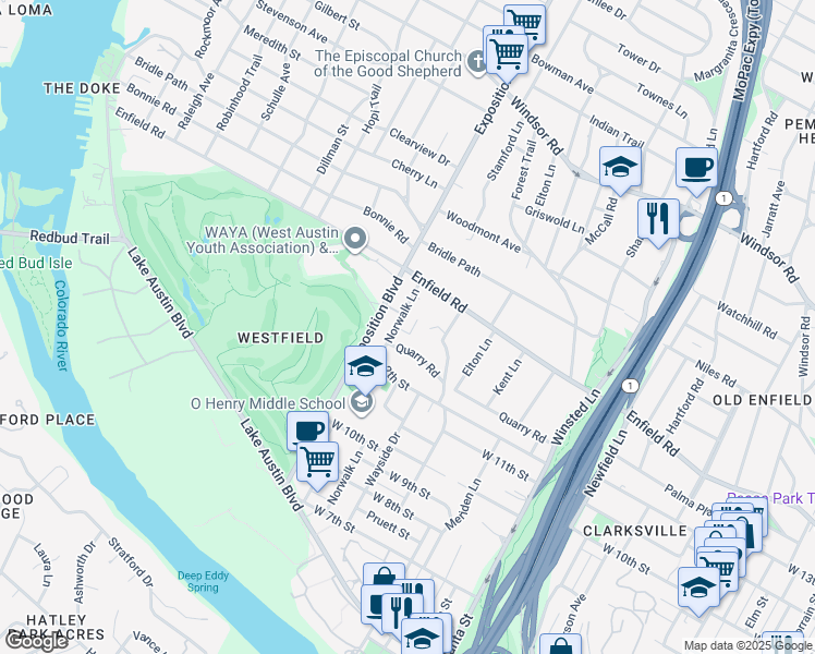 map of restaurants, bars, coffee shops, grocery stores, and more near 1311 Norwalk Lane in Austin