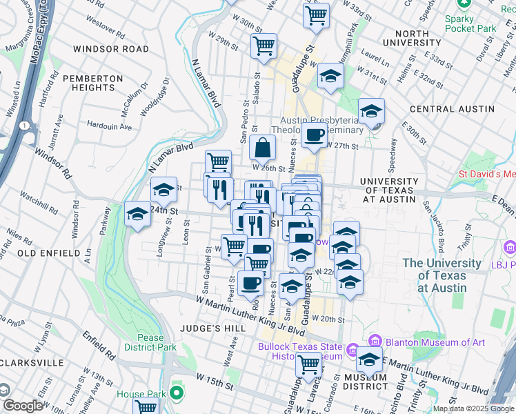 map of restaurants, bars, coffee shops, grocery stores, and more near 620 1/2 West 24th Street in Austin