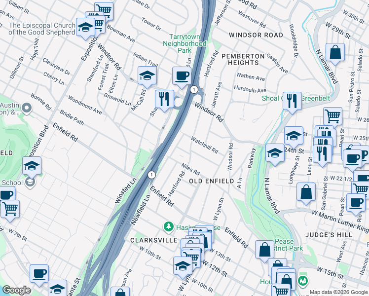 map of restaurants, bars, coffee shops, grocery stores, and more near 2105 Newfield Lane in Austin