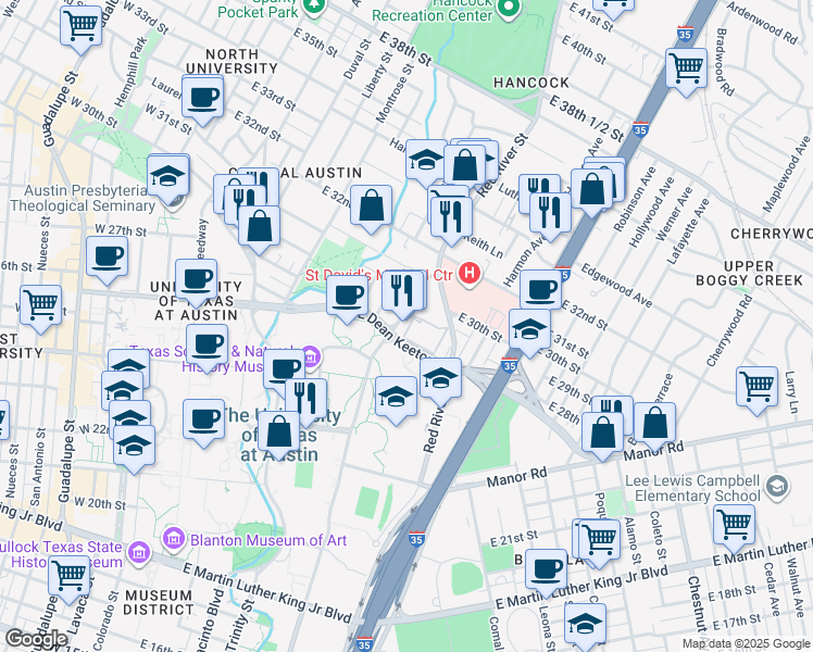 map of restaurants, bars, coffee shops, grocery stores, and more near 14 Medical Arts Square in Austin