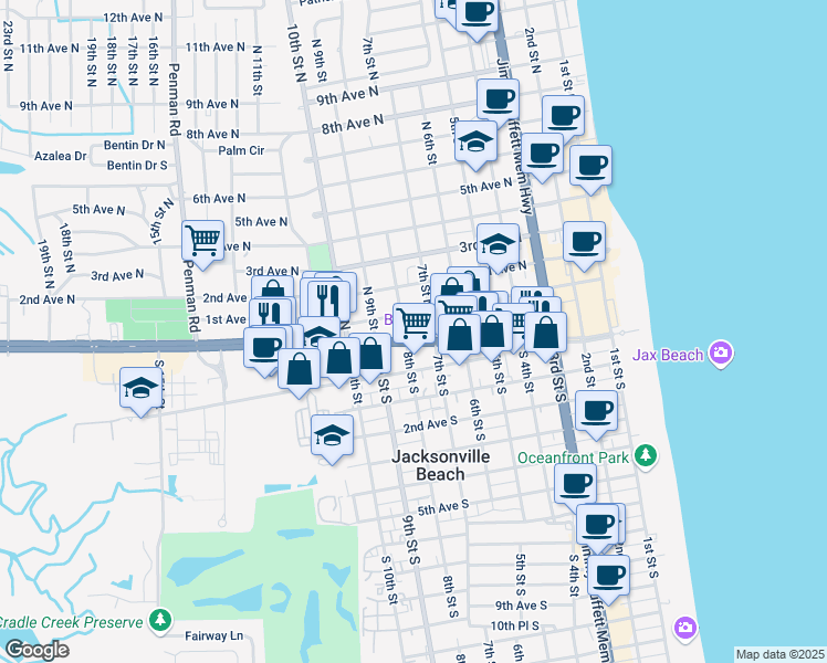 map of restaurants, bars, coffee shops, grocery stores, and more near 22 8th Street South in Jacksonville Beach