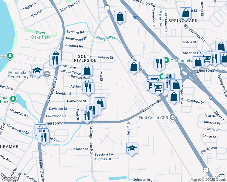 map of restaurants, bars, coffee shops, grocery stores, and more near 2172 Sheridan Lane in Jacksonville