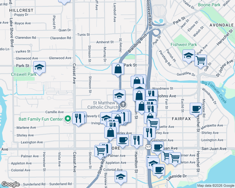 map of restaurants, bars, coffee shops, grocery stores, and more near 1700 Blanding Boulevard in Jacksonville