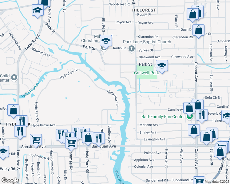 map of restaurants, bars, coffee shops, grocery stores, and more near 5577 Hyde Park Circle in Jacksonville