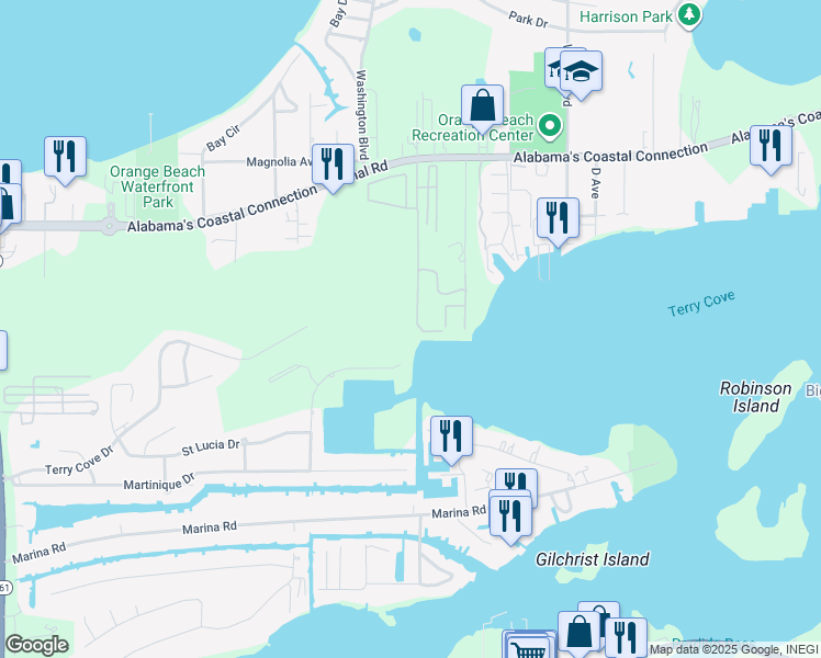map of restaurants, bars, coffee shops, grocery stores, and more near 4145 Harbor Rd in Orange Beach
