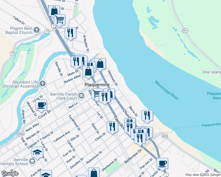 map of restaurants, bars, coffee shops, grocery stores, and more near 23725 Eden Street in Plaquemine