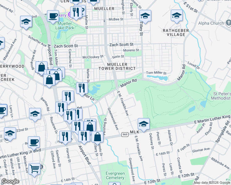 map of restaurants, bars, coffee shops, grocery stores, and more near 3501 Manor Road in Austin