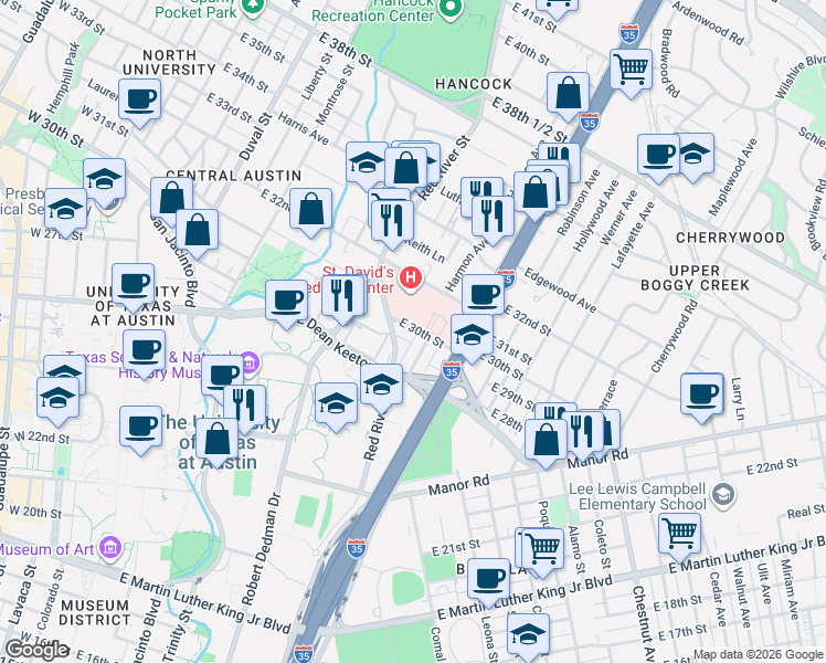 map of restaurants, bars, coffee shops, grocery stores, and more near 2800 Swisher Street in Austin
