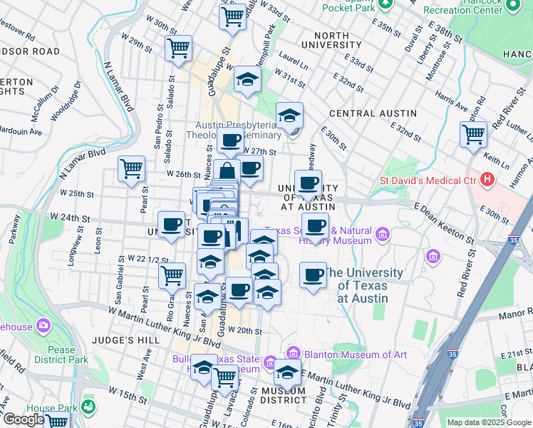 map of restaurants, bars, coffee shops, grocery stores, and more near in Austin