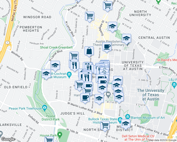 map of restaurants, bars, coffee shops, grocery stores, and more near 620 1/2 West 24th Street in Austin