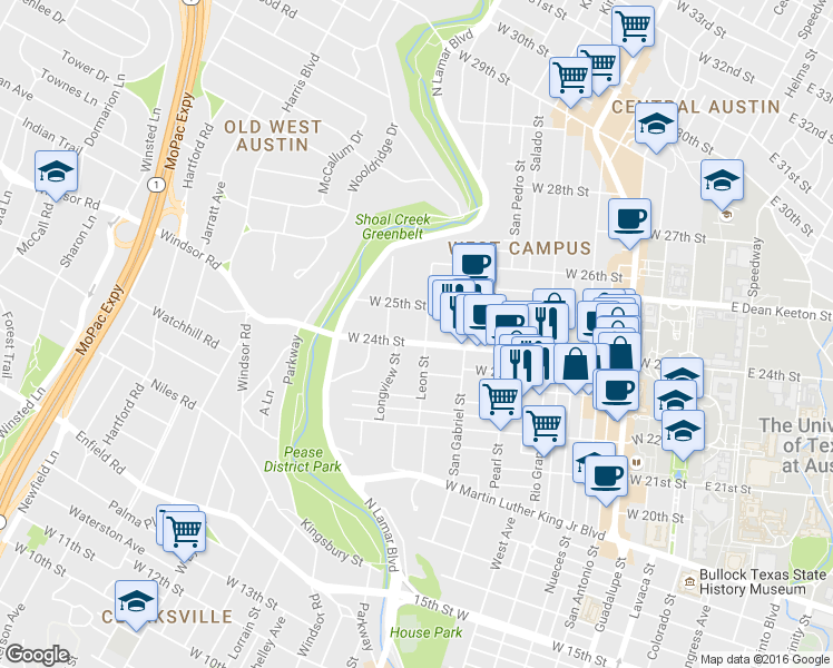map of restaurants, bars, coffee shops, grocery stores, and more near 1023 West 24th Street in Austin