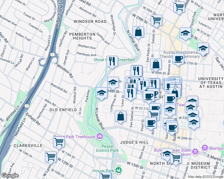 map of restaurants, bars, coffee shops, grocery stores, and more near 1201 West 24th Street in Austin