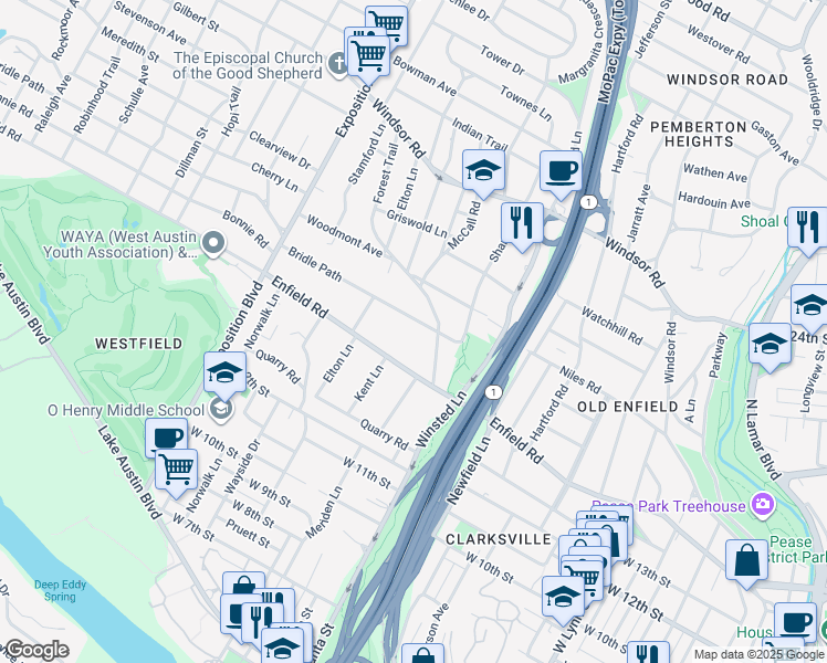 map of restaurants, bars, coffee shops, grocery stores, and more near 2210 Enfield Road in Austin
