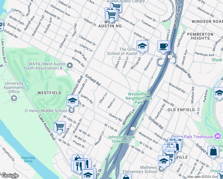 map of restaurants, bars, coffee shops, grocery stores, and more near 2315 Enfield Road in Austin