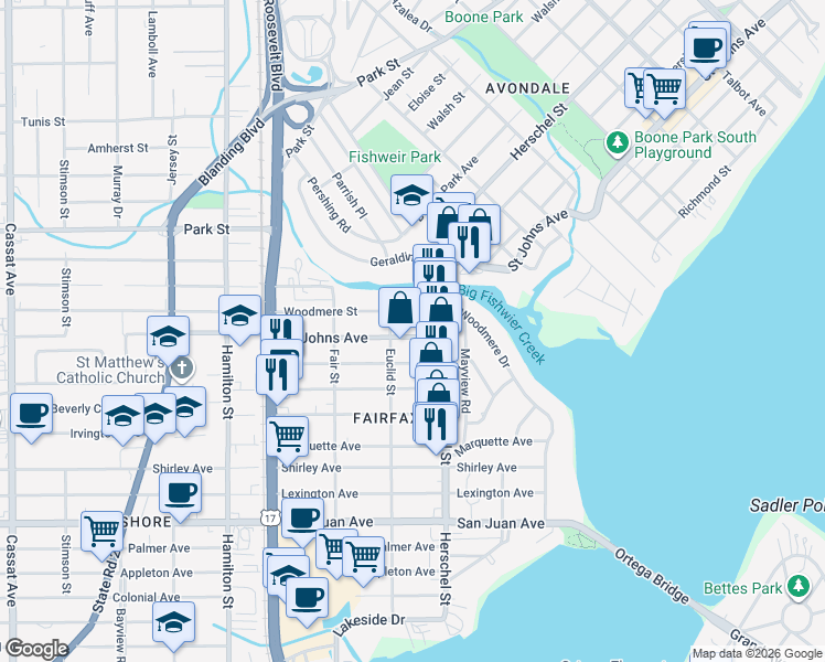 map of restaurants, bars, coffee shops, grocery stores, and more near 4237 Saint Johns Avenue in Jacksonville