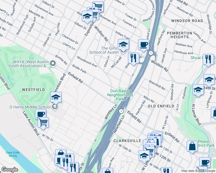 map of restaurants, bars, coffee shops, grocery stores, and more near 1516 Forest Trail in Austin