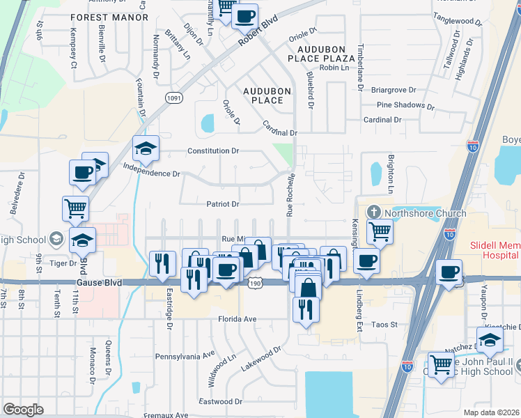 map of restaurants, bars, coffee shops, grocery stores, and more near 1021 Rue Limoges in Slidell