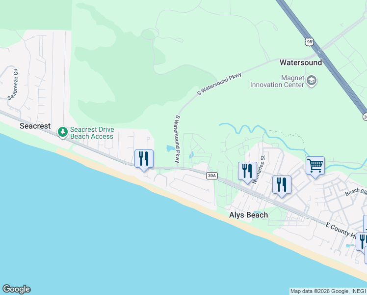 map of restaurants, bars, coffee shops, grocery stores, and more near Catnap Alley in Seacrest