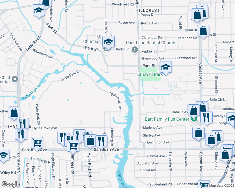 map of restaurants, bars, coffee shops, grocery stores, and more near 5577 Hyde Park Circle in Jacksonville
